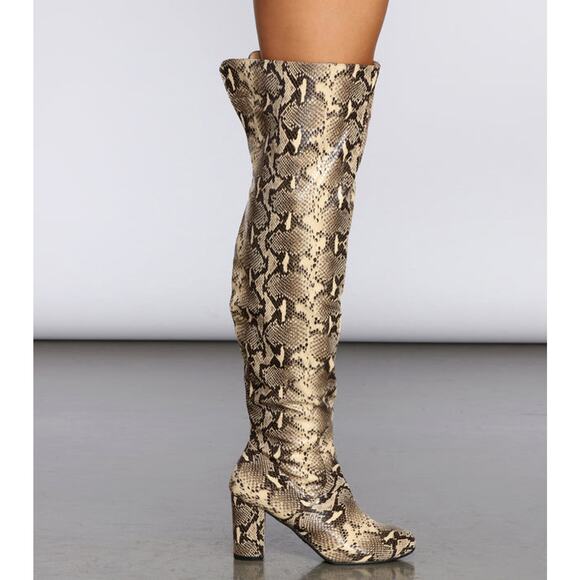 Thigh High Snakeskin Print Boots Women’s Size 6.5 EUC block heel almond toe - Picture 5 of 7
